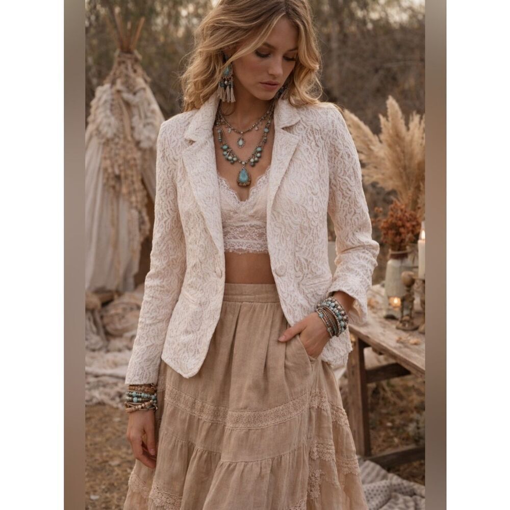 Boom Boom Jeans White Boho Chic Lace Blazer